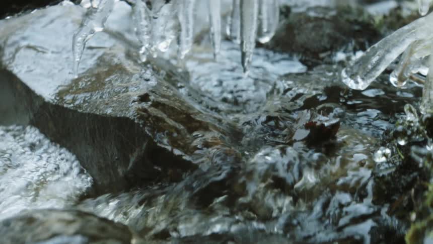 Water flowing in a river during the winter with ice above it