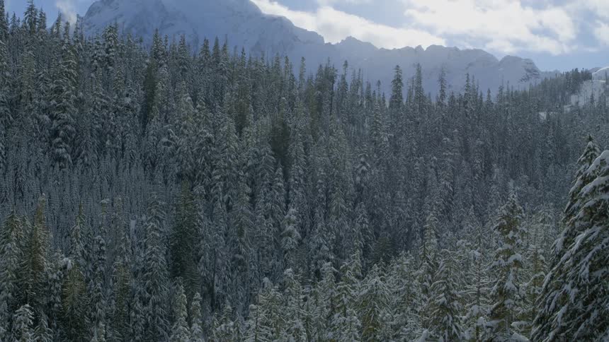 Tilt up reveal of a beautiful backlit mountain ridge as snow flurries fall from a clearing sky