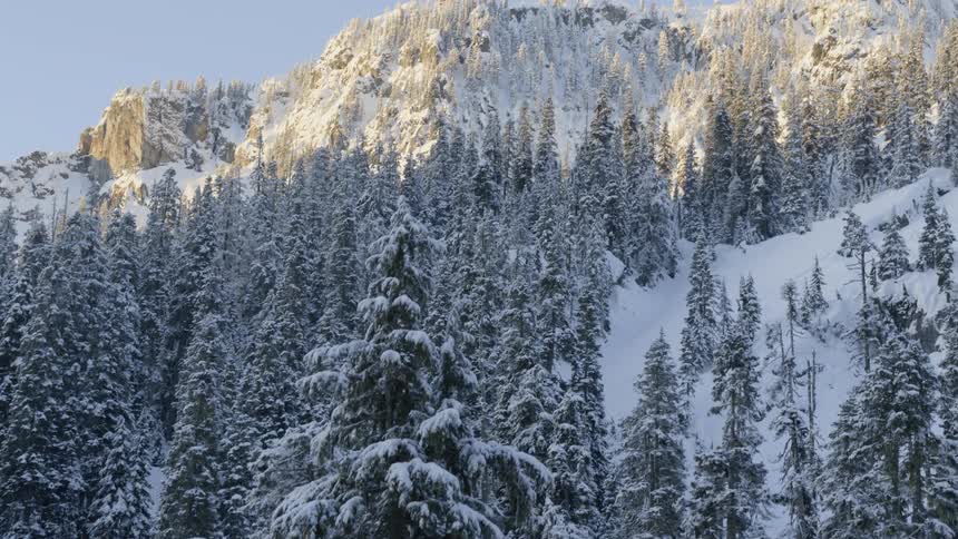 Morning sun illuminates a frigid mountain ridge above a quiet and serene snow covered forest
