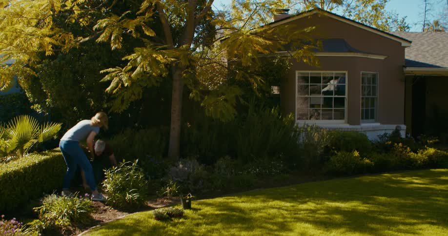 A man and woman tend the plants in their yard together on a sunny day