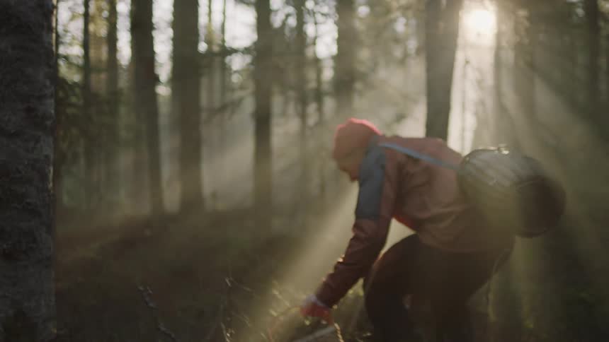 A person in a forest with baskets and a knife with trees the sky and clouds in the background