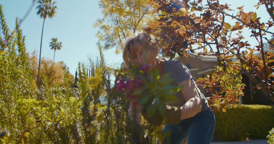 A woman is gardening in her backyard during the day