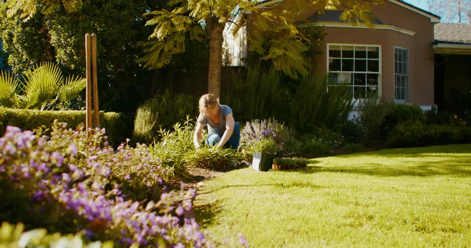 A woman planting flowers and doing yard work in front of a house