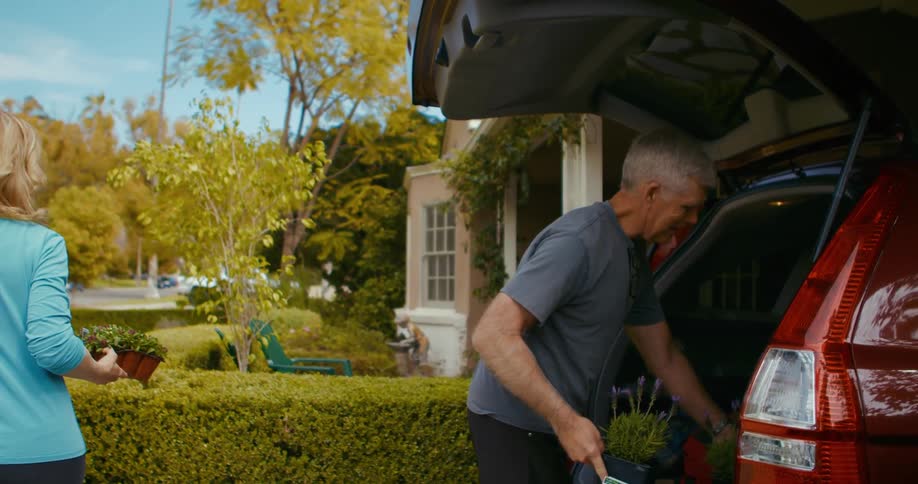 A man and woman are unloading plants from the back of a car