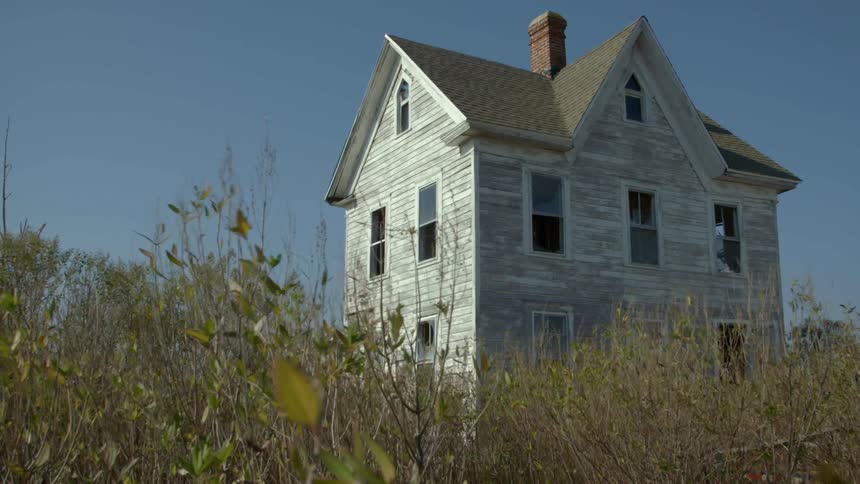 Old abandoned house with weeds and grass moving in the breeze