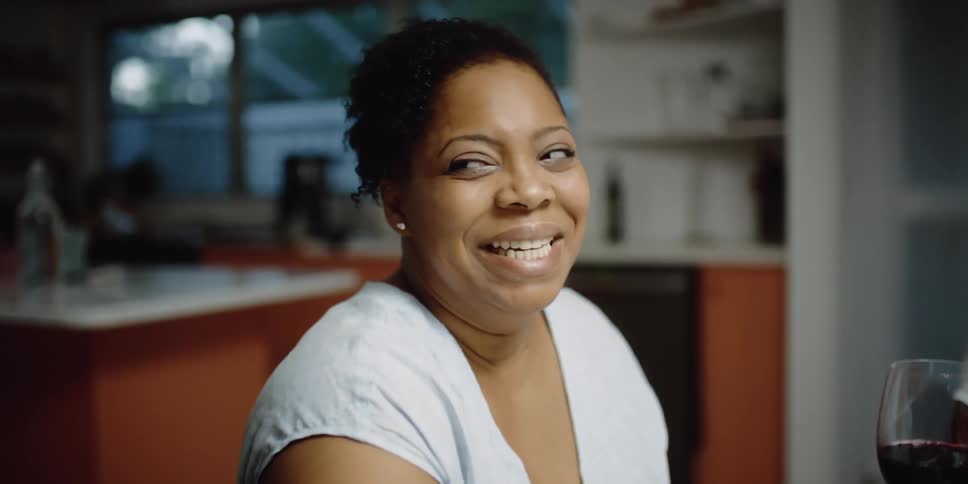 A woman sits in a kitchen with a glass of wine and is laughing