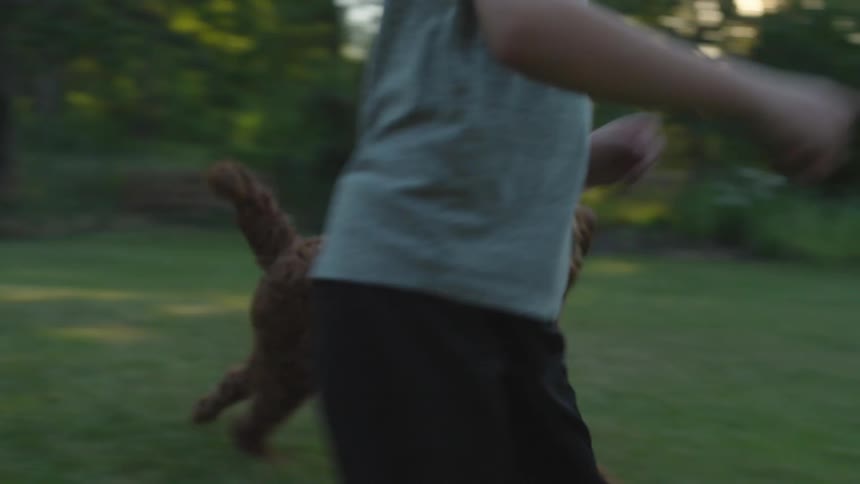 A young boy runs with a brown dog outdoors