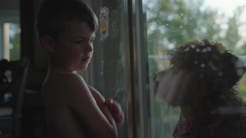 Shirtless boy looking at his pet dog standing outside the house