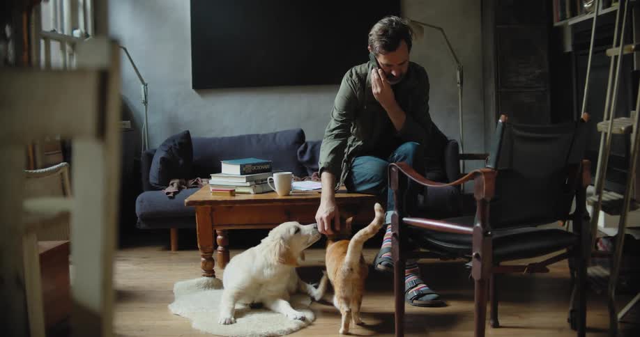 Man sitting over a table in the living room pets a cat while talking on the phone