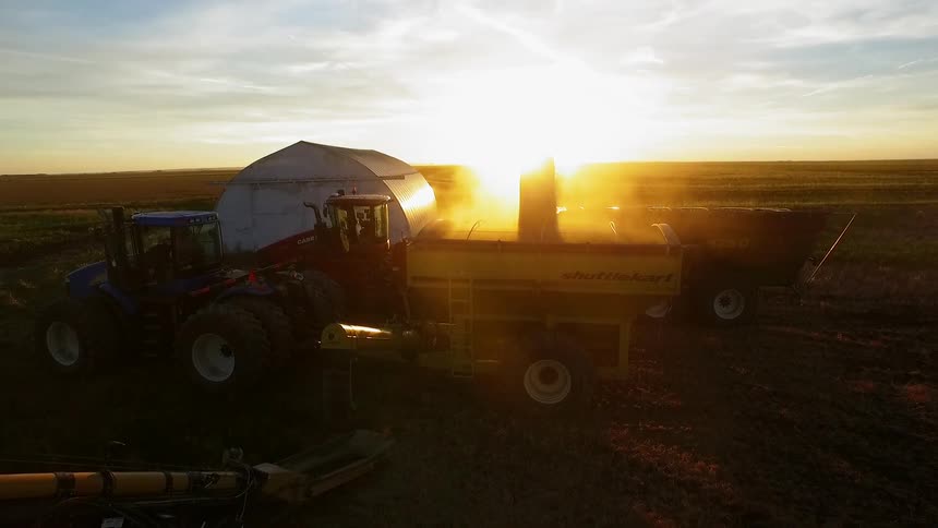 Tractor sit on farmland at dawn
