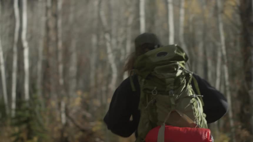Man with cap and backpack walks in the woods