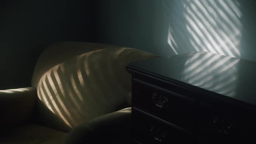 Sunlight shines through blinds and casts a shadow on an armchair and tall dresser