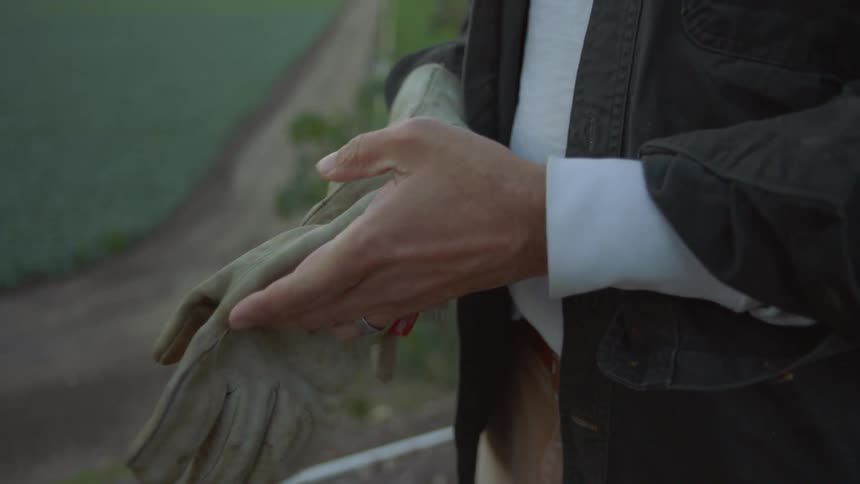 A man standing above a dirt road and crop fields puts on a pair of work gloves