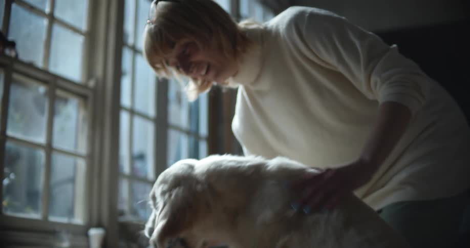 Woman plays with her dog that has a stuffed toy in its mouth