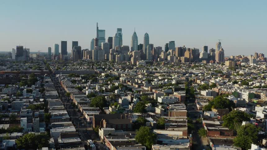 Aerial view of a downtown urban city is displayed