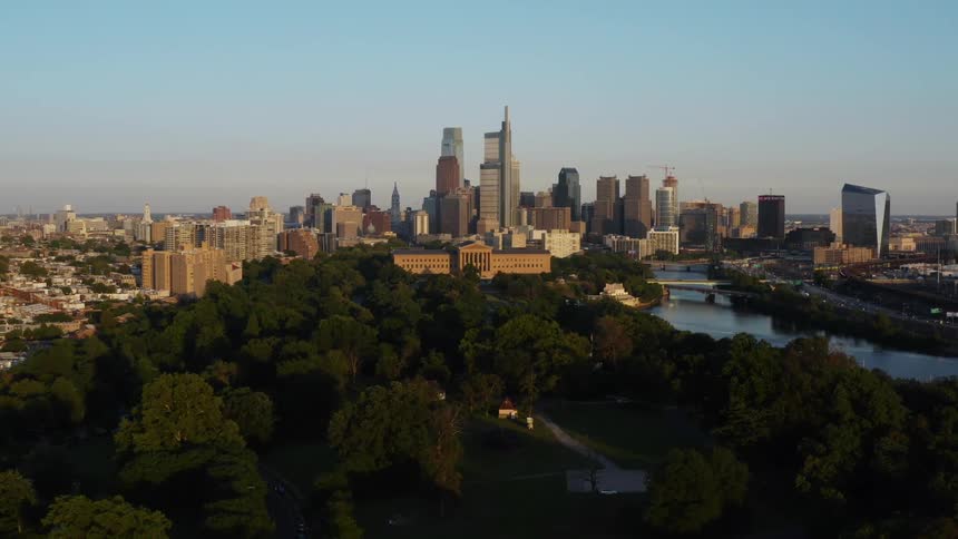 Aerial view of downtown Philadelphia at dusk