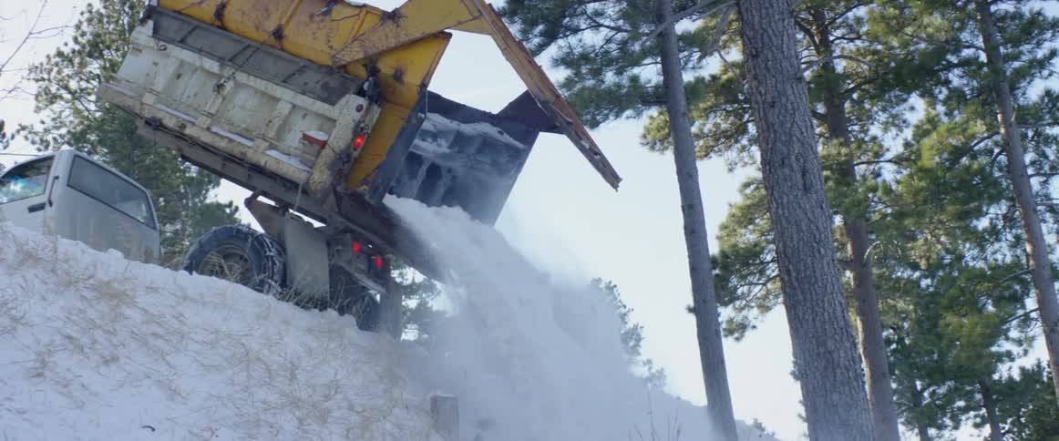 A dump truck pours snow out from the back into a forest at daytime