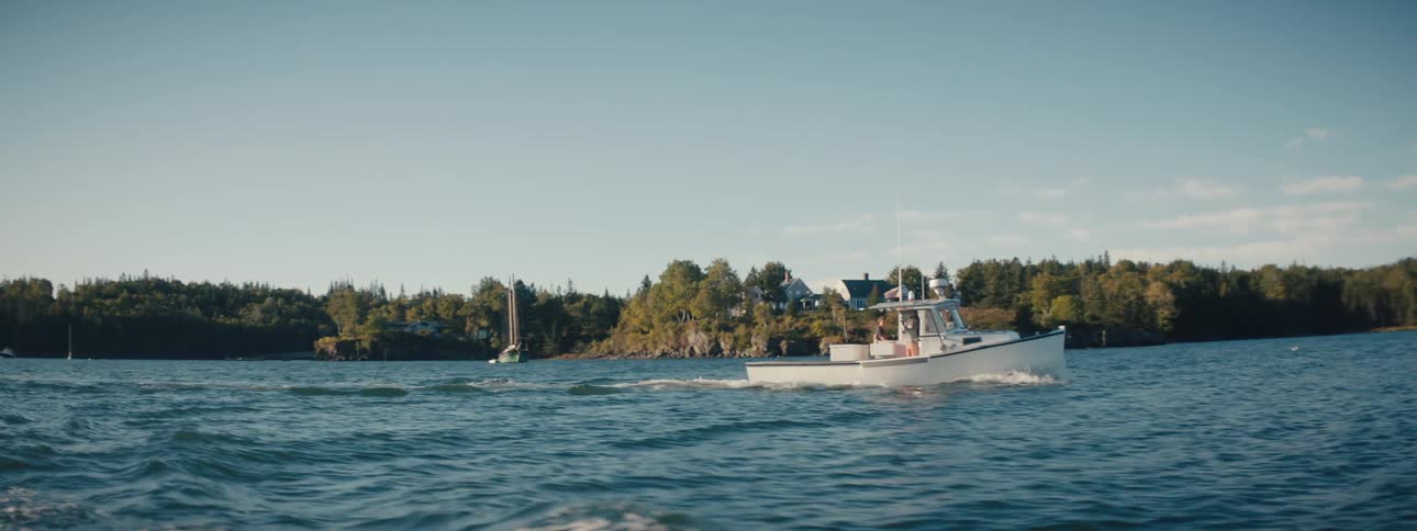 A boat is driving on the lake in spring