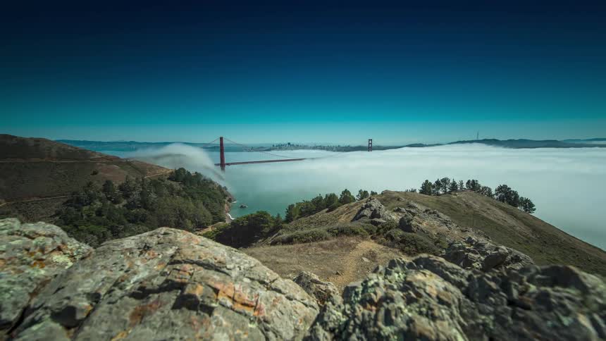 A timelapse of fog rolling over the golden gate bridge during the day