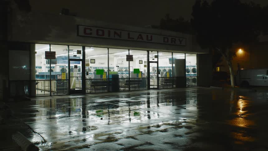 It is raining in the laundromat parking lot