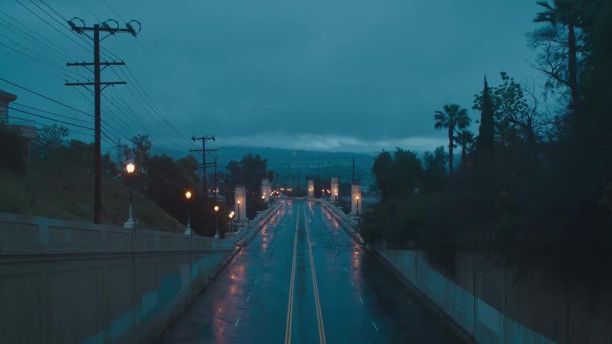 Streetlamps glowing next to a wet road during a rainstorm
