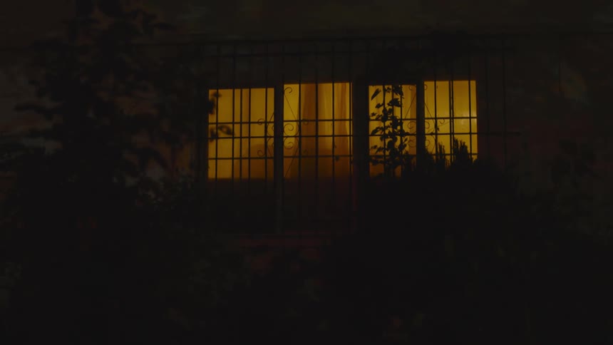 The facade of a house at night