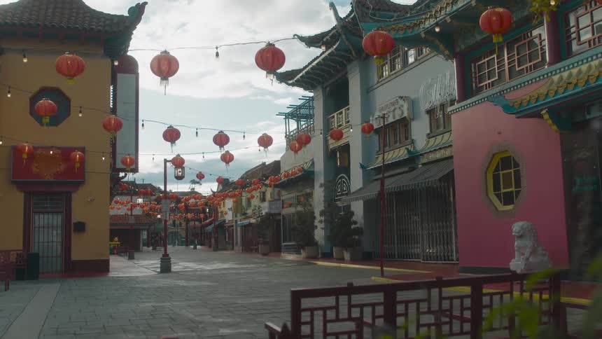 The city square is empty on a cloudy day