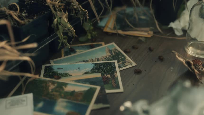 The counter is covered with postcards and coffee beans