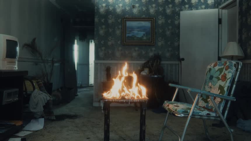 A table on fire in a living room next to a chair