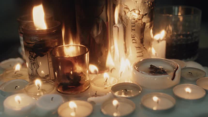 Candles burning with fire and wax