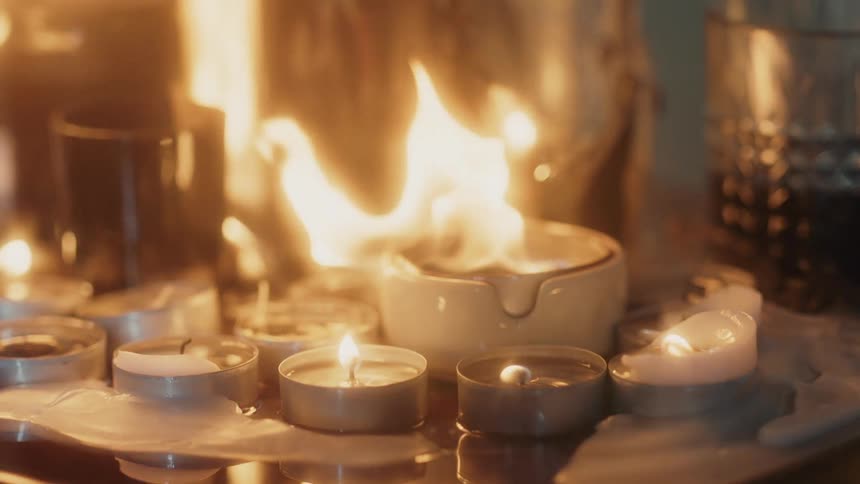 Several different candles burn with flames blowing in the wind and melted wax flowing