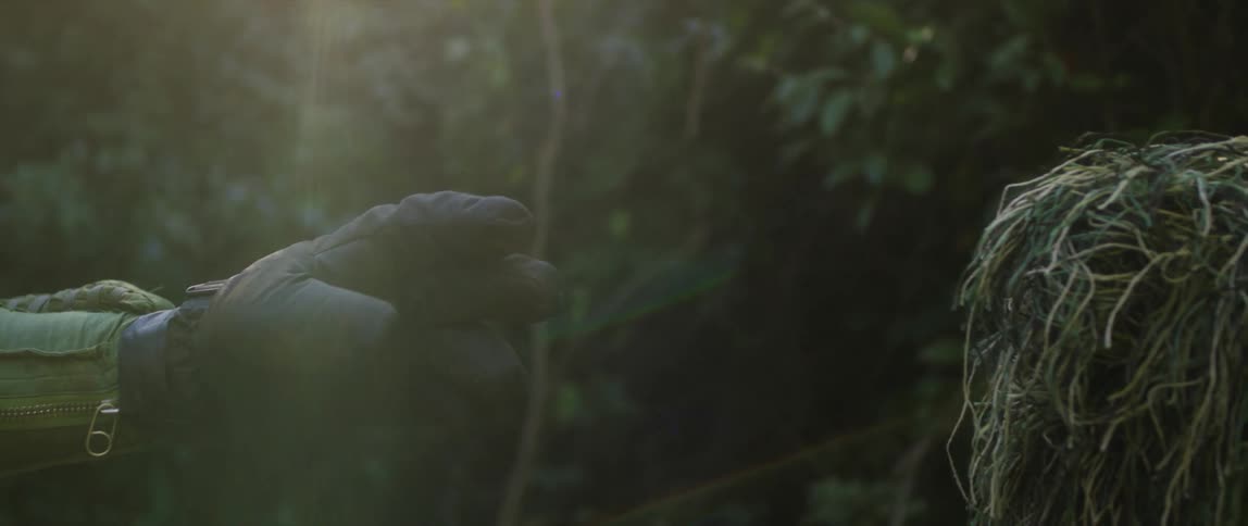A gloved hand reaches outward to make contact with a moss covered arm