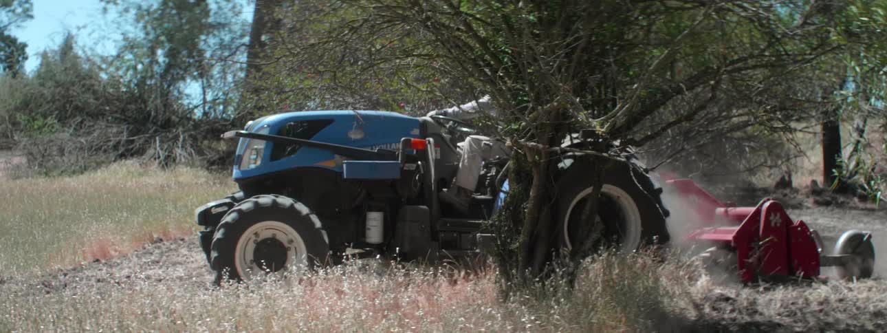 A person drives a tractor in a rural area