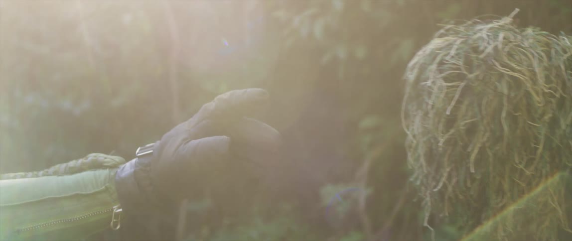 A gloved hand reaching out to touch a plant creature