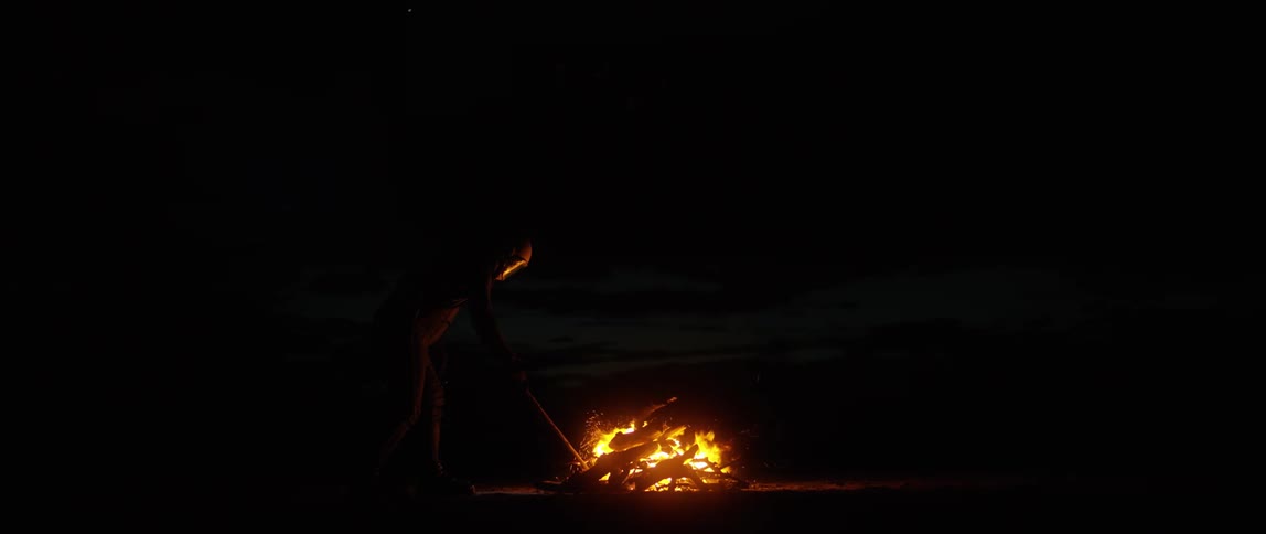 A person pokes a stick at a bonfire at night
