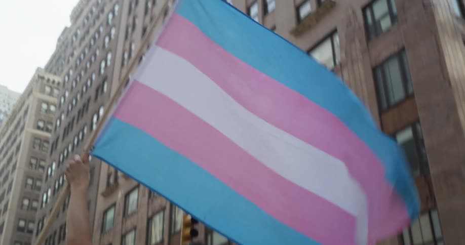 Person carries a transgender pride flag under traffic light past tall buildings