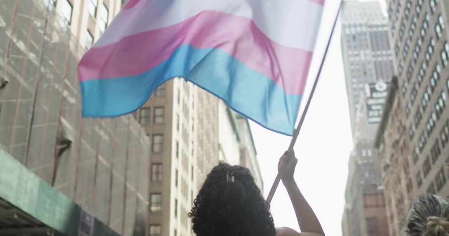 Woman waves a transgender flag while participating in a pride march in the city