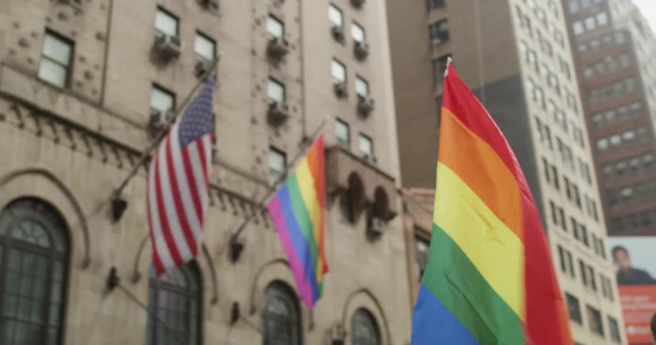 A group carries a rainbow flag past other flags during a city pride event.