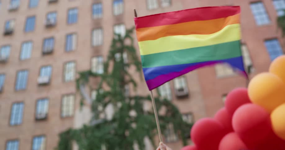 A person is holding a pride flag in a downtown city