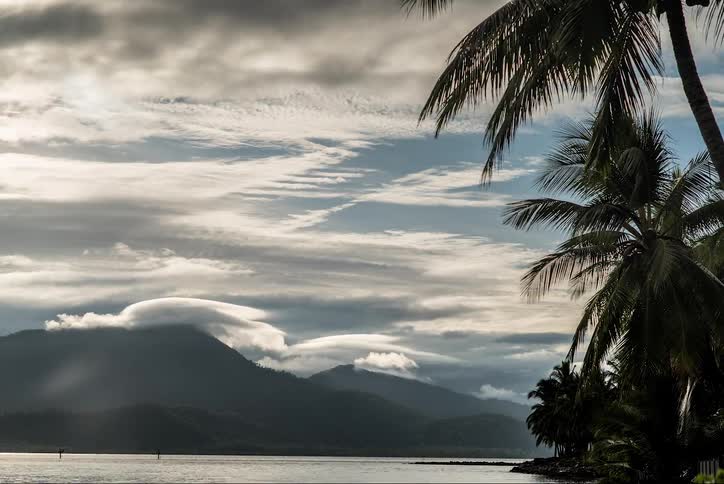 Boat travels in the ocean near the mountains and the palm trees