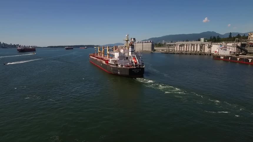 Freight ships move across the water