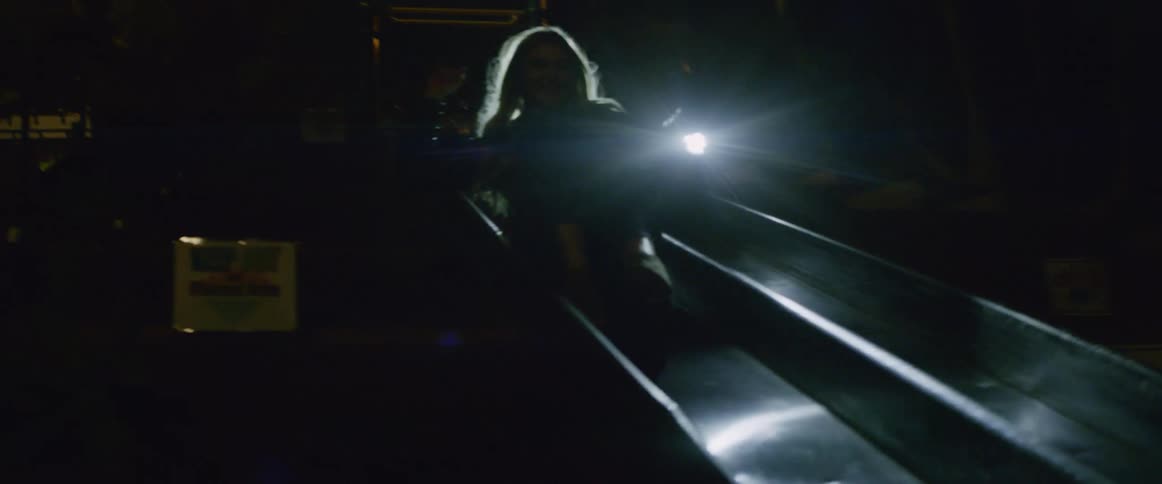 A couple riding down a slide at night