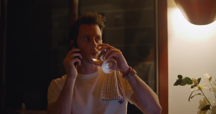 Smiling man talks on mobile phone and drink wine near dark window