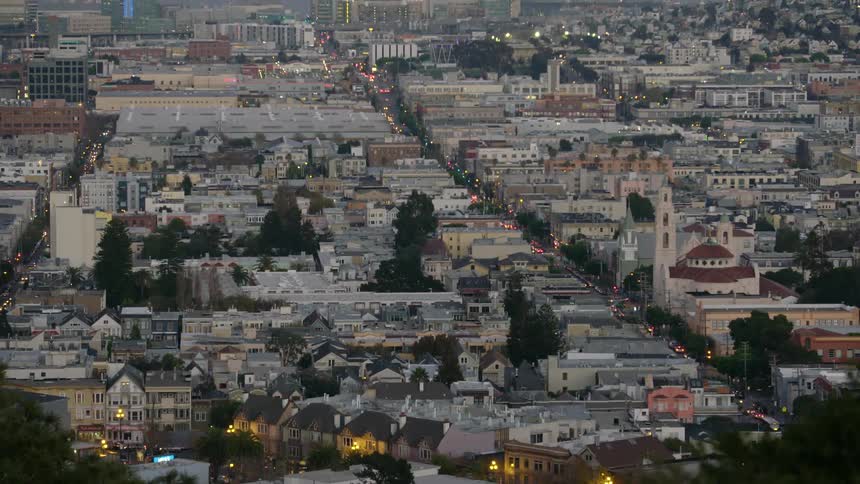 Aerial view of a town at sunset