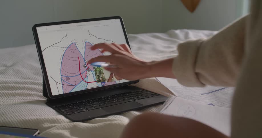 A person in a bedroom sitting in a bed looking at a laptop while holding a pen