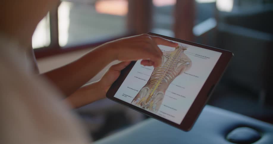Two people looking at a skeleton on a tablet