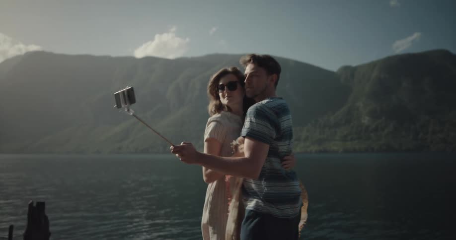 Couple takes selfie with selfie stick on pier with lake and mountains in the background