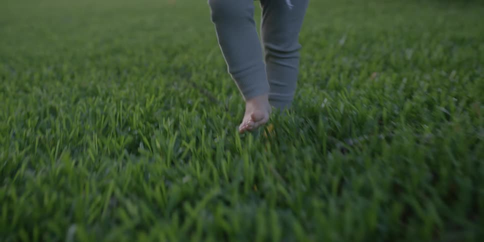 A barefoot child walks through a field alongside an adult during the day