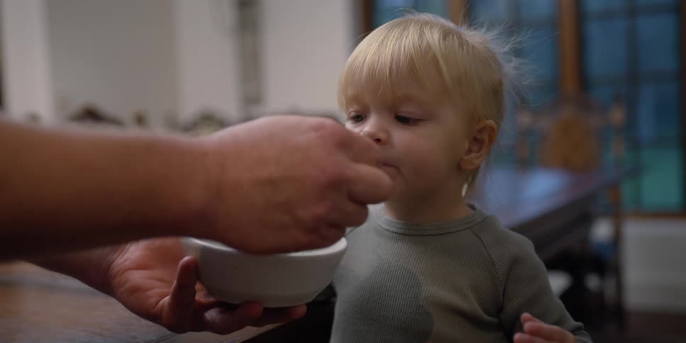 Parent feeds food from a bowl to a young toddler