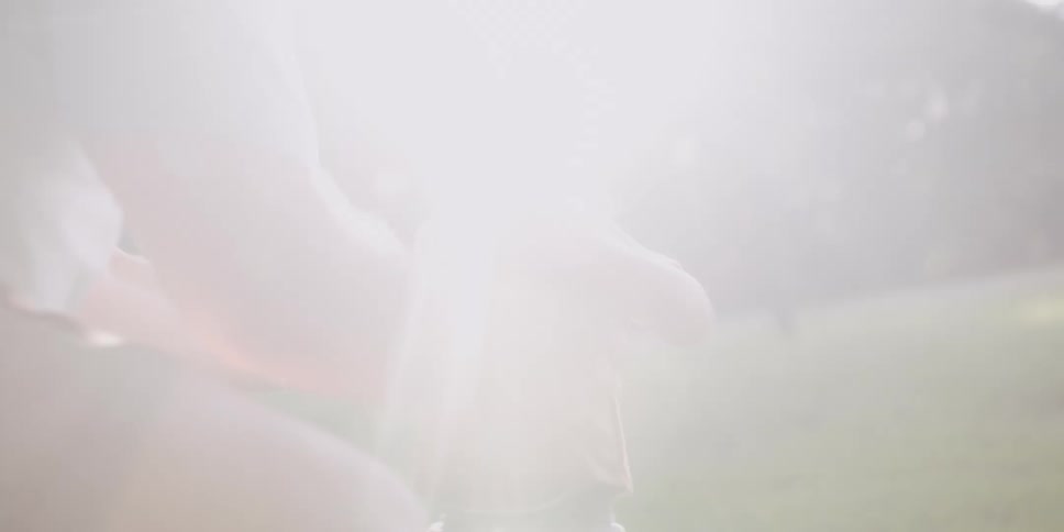 A little girl running on grass towards a man as he picks her up and kisses her with trees the sky and clouds in the background